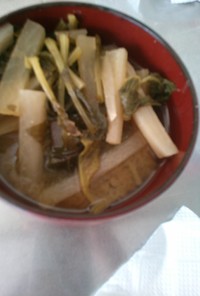 朝食　小松菜と　大根の味噌汁