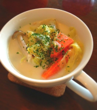 簡単油なし　ヘルシー豆乳野菜スープの写真