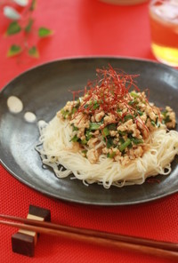 減塩：鶏ひき肉とニラの中華風まぜそうめん