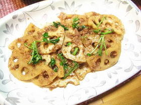 挽肉レンコンとクレソンの甘辛炒め
