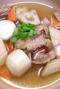スジ肉のゆで汁利用　牛肉と根菜のスープ煮