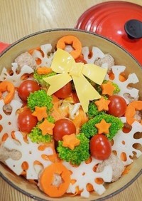 デコ鍋クリスマス☆蓮根鶏団子のトマト鍋