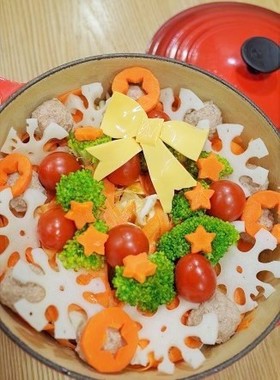 デコ鍋クリスマス☆蓮根鶏団子のトマト鍋