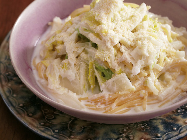 白菜と帆立てのクリームスープパスタ