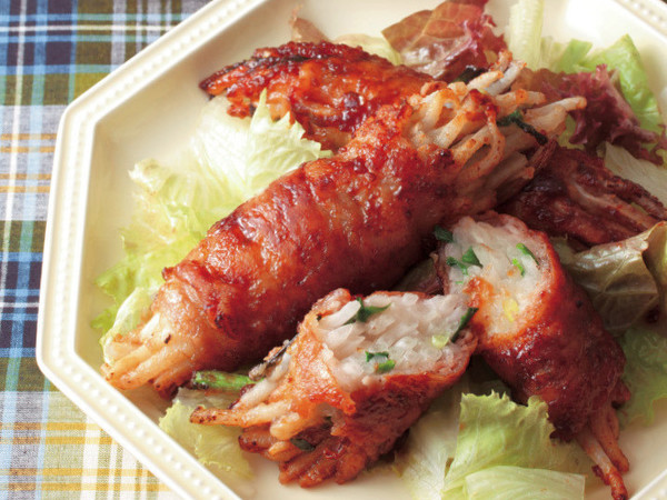 もやしの豚バラ巻き照り焼き