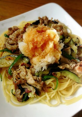 *なすと豚肉のおろしポン酢パスタ*