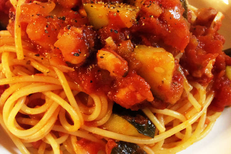 タコとズッキーニのトマトソースパスタ レシピ 作り方 By スナイパ クックパッド 簡単おいしいみんなのレシピが368万品