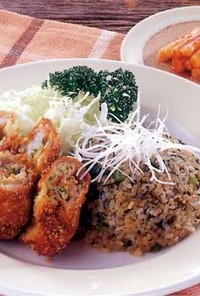 薄切り肉と長芋のフライ＆野沢菜と生姜炒飯