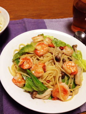 エビとキャベツのペペロンチーノ風パスタ