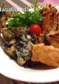 鮭のハラミ天ぷらと昆布のかき揚げ