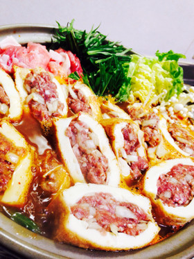 厚揚げの肉挟みピリ辛チゲ鍋(*^◯^*)