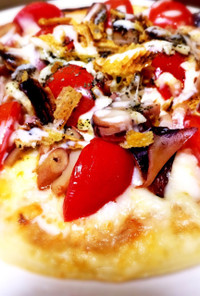 ガス魚焼きグリルでイカ、トマトのピザ