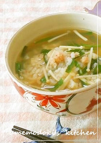 蟹缶とニラとエノキの簡単雑炊
