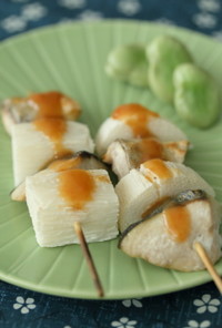 鰤と長芋の串焼き梅ソース