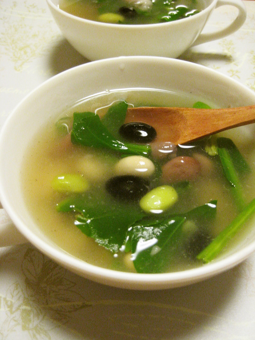 簡単❀ホウレン草とビーンズの健康スープの画像