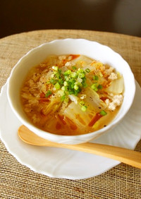 豚挽肉と白菜のピリ辛春雨スープ
