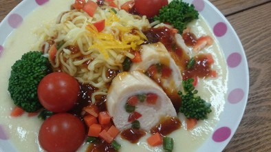 豆乳ビシソワーズの冷し麺♬柚子ジュレ添えの写真