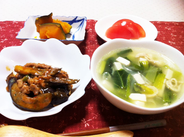 麻婆茄子と小松菜スープの献立2月23日の画像