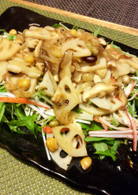 水菜と豆と椎茸と蓮根のサラダ