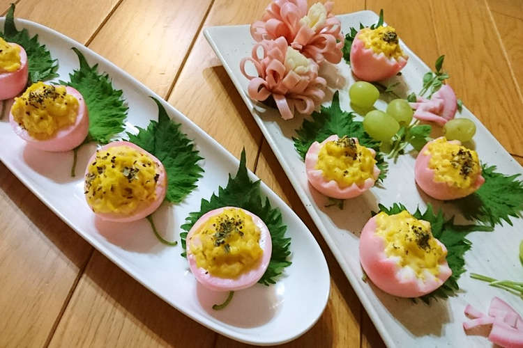 春 可愛い 桃色ゆで卵のサラダ仕立て レシピ 作り方 By ｓ４ クックパッド