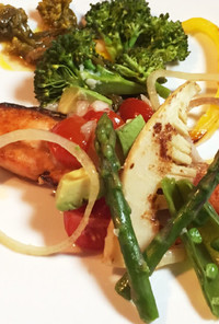 鮭と春野菜のラビゴットソース