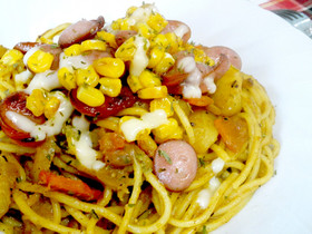 ウインナーとコーンのカレースパゲテイ♪