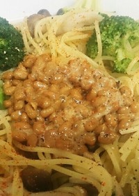 ブロッコリーと納豆の中華風スパゲッティ