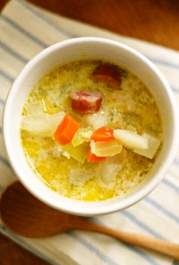 ぽかぽか野菜とソーセージの豆乳スープ