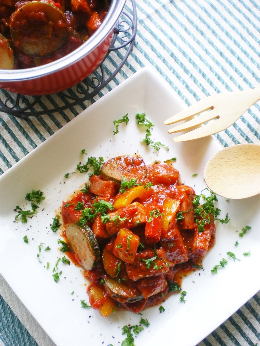 スパイシィ〰！夏野菜とベーコンのトマト煮の画像