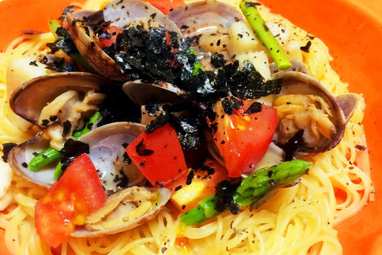 アサリとトマトの海苔シーフードパスタ レシピ 作り方 By 上新田研究会 料理部 クックパッド 簡単おいしいみんなのレシピが351万品