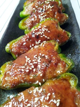 大葉香る♪ピーマンの肉詰め照り焼き風