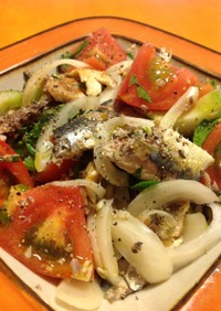 トマト鰯セロリ新玉葱のお魚サラダ