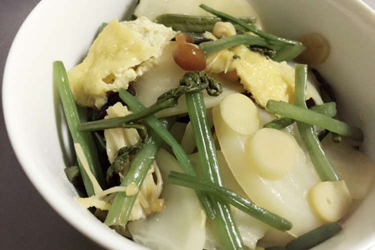 簡単 カブと油揚げと山菜の煮物 レシピ 作り方 By ハムをハサミで切る クックパッド
