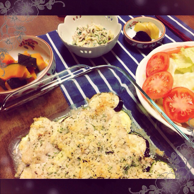 ナス、ズッキーニと鶏肉のパン粉焼きの画像