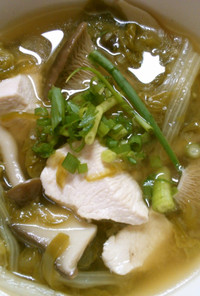 山東菜と　きのこピーマン　鶏肉の　中華煮
