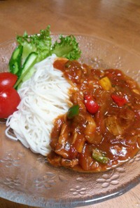 ツナ＆トマト缶＆ピーマンの夏カレー素麺♡