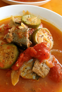 圧力鍋サンマと野菜の辛トマト煮込みスープ
