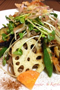 蓮根と京野菜の金山寺味噌バター焼き蕎麦