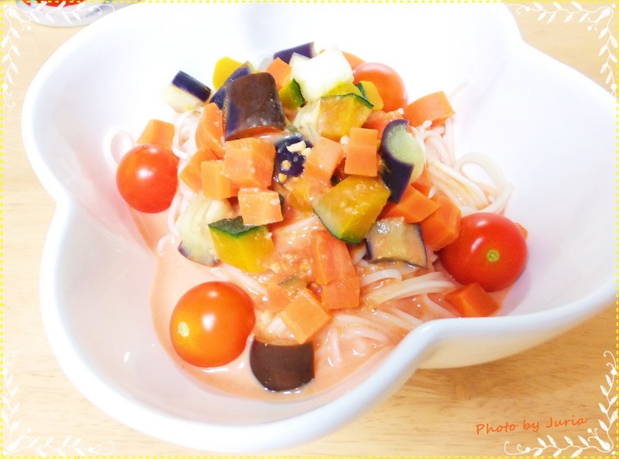 ランチ簡単★彩りミルク野菜タレ冷やし麺の画像