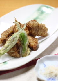 エゴマパウダーと塩麹で鶏肉の天ぷら