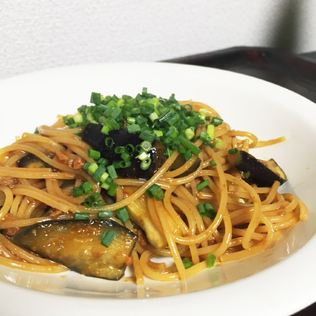 簡単ワンポットパスタ〜麻婆茄子スパゲティの画像