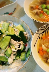 鳥ときゅうりの塩レモン和えと野菜スープ