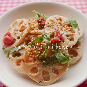 体が喜ぶ~♬れんこん♡梅マヨぽんサラダ♡
