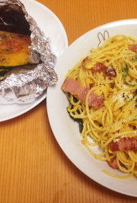 カルボナーラと野菜のホイル焼き