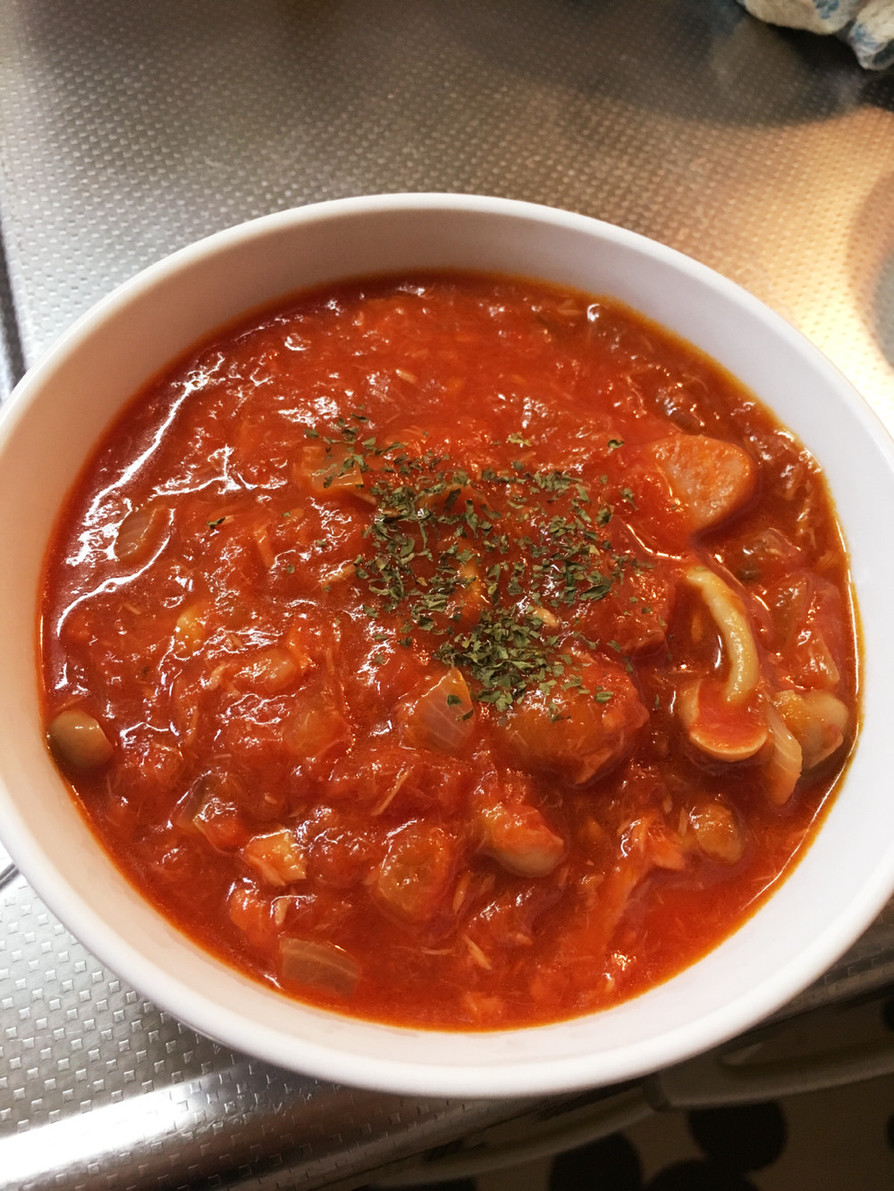 トマト缶で！食べるスープの画像