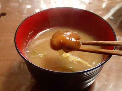 ヌメリスギタケモドキと大根白菜の味噌汁の写真