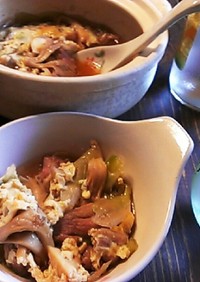 鴨(鶏)と舞茸・白葱の簡単柳川鍋風 鴨鍋