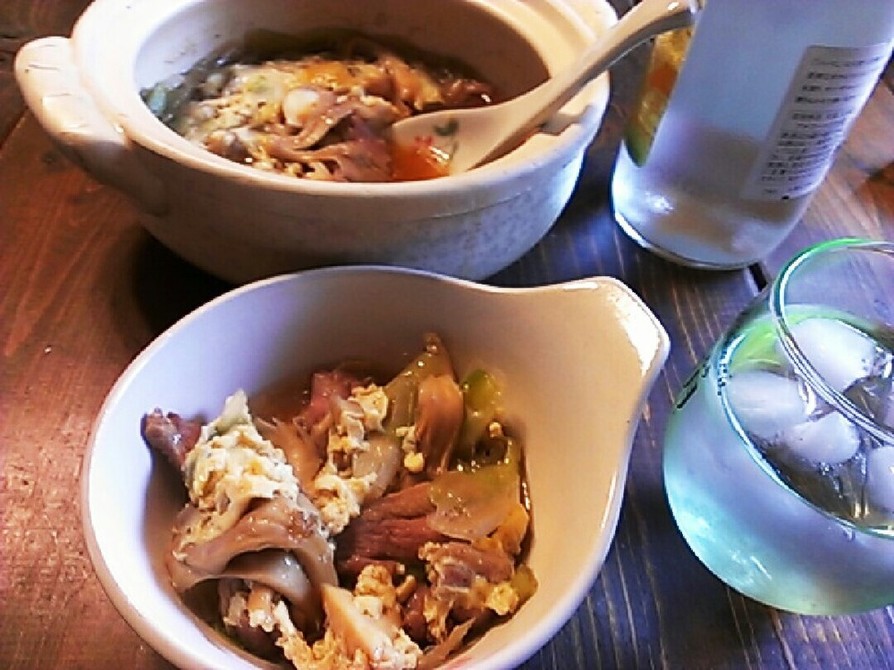 鴨(鶏)と舞茸・白葱の簡単柳川鍋風 鴨鍋の画像