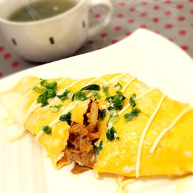 大豆のお肉で♪やわらか豚キムチの卵包み