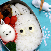 お弁当箱にご飯を詰めて☆ムーミンキャラ弁の写真